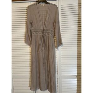 Rebellion Again Kimono Maxi Dress Beige Lace Trim Tie Waist Long Sleeve‎ size 2